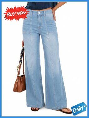 Wide Leg High Waist Stretchy Knit Denim Jeans Flowy Sweatpant Flared Pants